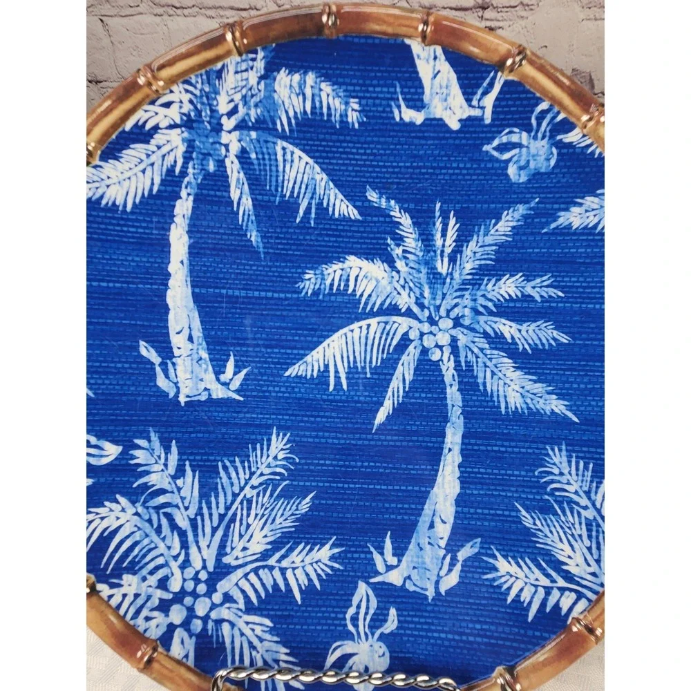 Member's Mark Cobalt Blue White Palm Trees Faux Rattan Trim 6 Melamine Plates